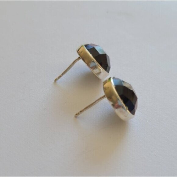 Vintage Silver Tiger's Eye Circle Chunky Bezel Faceted Cabochon Stud Earrings - Picture 3 of 4